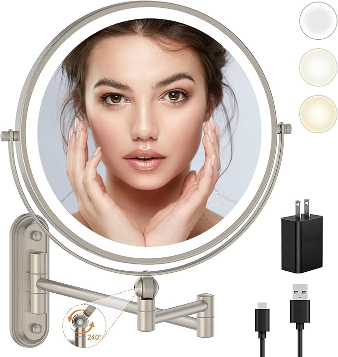 9" Wall Mounted Makeup Lighted Mirror, 4000mAh Rechargeable Double Sided LED Vanity Mirror with Height Adjustable&1X/10X Magnification, 3 Color Lights Bathroom Mirror (9INCH-Nickel)