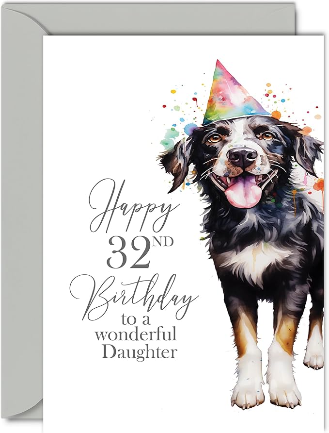 32nd Birthday Cards for Daughter - Party Dog - Happy Birthday Card for 32 Year Old Daughter from Dad Mom, A5 Bday Women Woman Her Greeting Cards Gift for Daughter Birthday Gifts