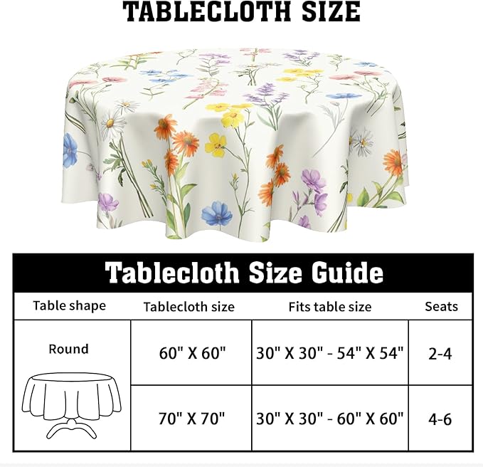 Spring Summer Round Tablecloth Colorful Floral Circle Table Cloth 70 Inch Farmhouse Table Cover Washable Polyester Indoor Decorations for Home Kitchen Dinning Party