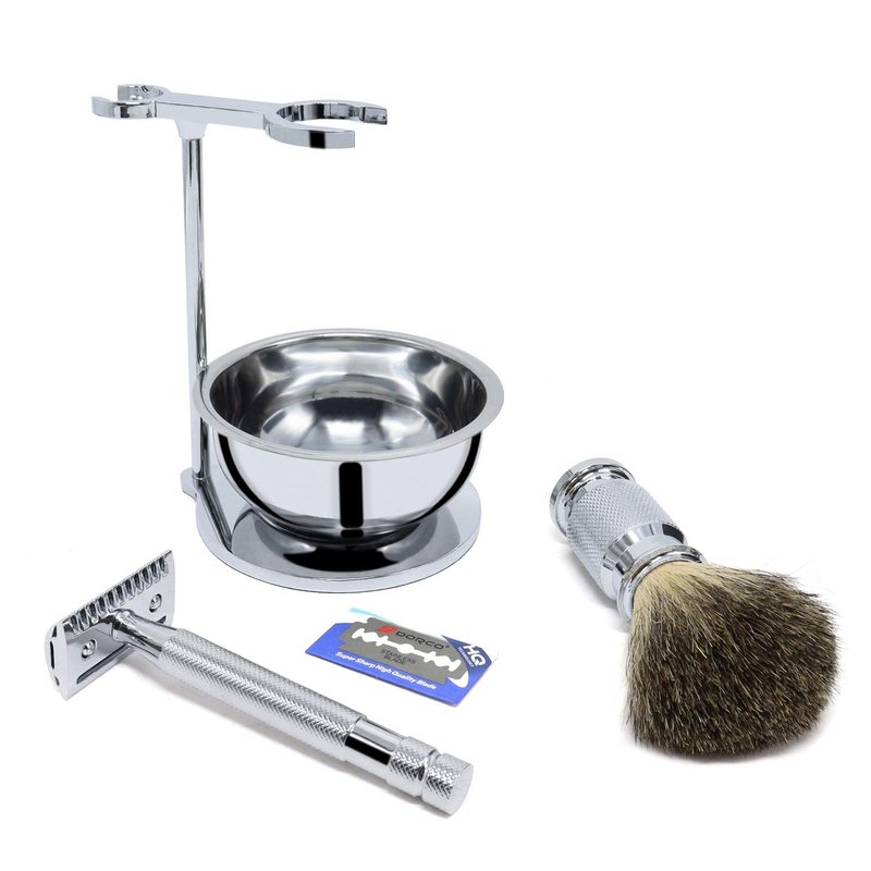 Jolitac Wet Shaving Kit For Men - Badger Hair Shaving Brush, Stainless Steel Bowl Mug, Double Edge Safety Razor, Men's Safety Razor Grooming Gift Set (Silver)
