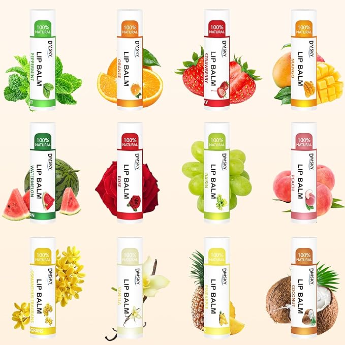 DMSKY Lip Balm Bulk 108 Pack, Lip Balm Hydrating with Vitamin E and Coconut Oil 12 Flavors, Lip Moisturizer Treatment - Party Favors Bulk Gift