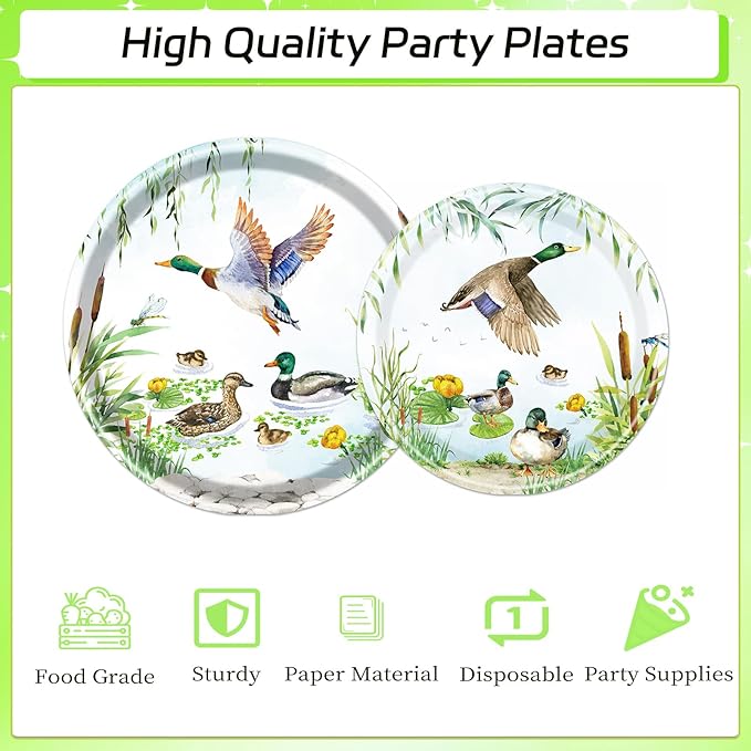 Rakuto Mallard Duck Party Plates and Napkins Party Supplies, 96PCS One Luck Duck Birthday Decorations, Disposable Paper Duck Birthday Party Baby Shower Dinnerware Serves 24