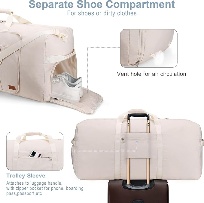 100L Travel Duffle Bag for Men and Women, Urtala 32” Large Duffle Bag for Traveling with Shoe Compartment, Foldable Duffel Bag Water & Tear Resistant (Beige)