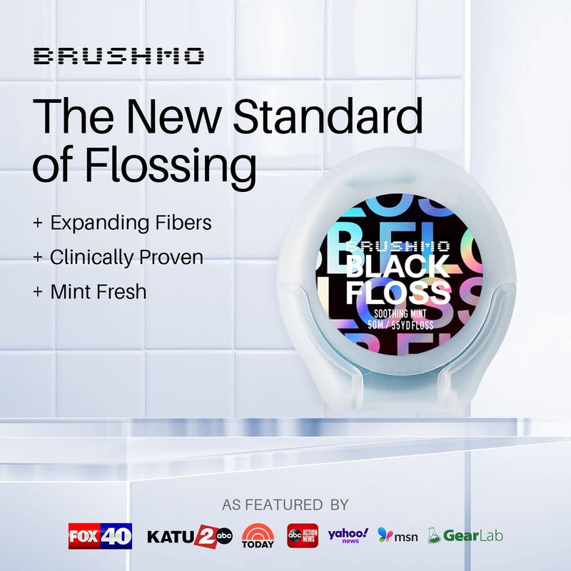 Brushmo Black Floss (BBFloss) - Expanding Floss, Gum-Friendly Soothing Mint Dental Floss, Natural Vegan Wax to Remove Plaque from Teeth, US-Dentist Designed PTFE & PFAS Free Oral Care, 1 Spool, 55 yd