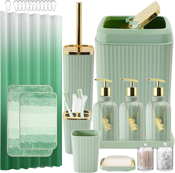32PCS Bathroom Set Bathroom Sets with Shower Curtain and Rugs Green Bathroom Accessories,Shower Curtain Set,Bathroom Rug Set with Bathroom Trash Can
