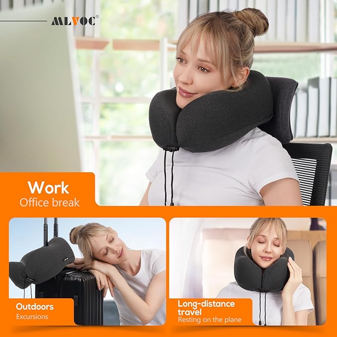 MLVOC Neck Pillow for Traveling, Upgraded 100% Pure Memory Foam Travel Neck Pillow for Airplane Flight Sleep, Breathable & Machine Washable Cover, Travel Kit with 3D Eye Mask, Earplugs & Bag, Black