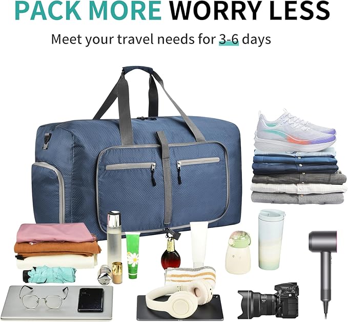 Dimayar Travel Duffle Bag for Men Women - Foldable Duffel Bag with Shoes Compartment - Overnight Bags Waterproof & Tear Resistant(85L,Dark Blue)