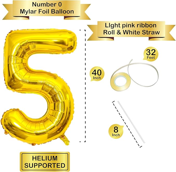40 Inch Gold Number Balloons, Helium Mylar Foil Number Balloons for Birthday, Number 5 Balloon for 5st Birthday Decorations for Kids, Anniversary Party Decorations Supplies