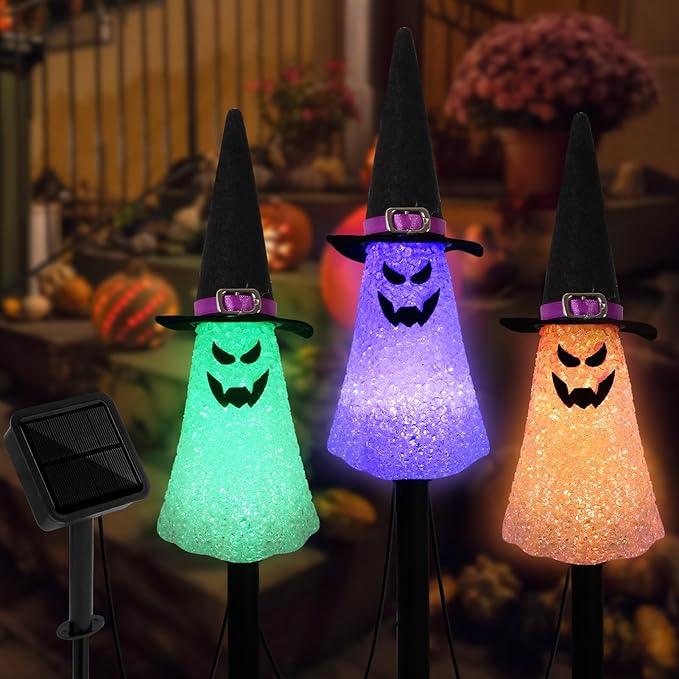 LIGHTSHINE 3PCS Ghost Solar Halloween Decorations, Solar Landscape Pathway Lights, Garden Stakes Light, Outdoor Halloween Lights Decor for Yard, Patio, Porch (Orange+Purple+Green)