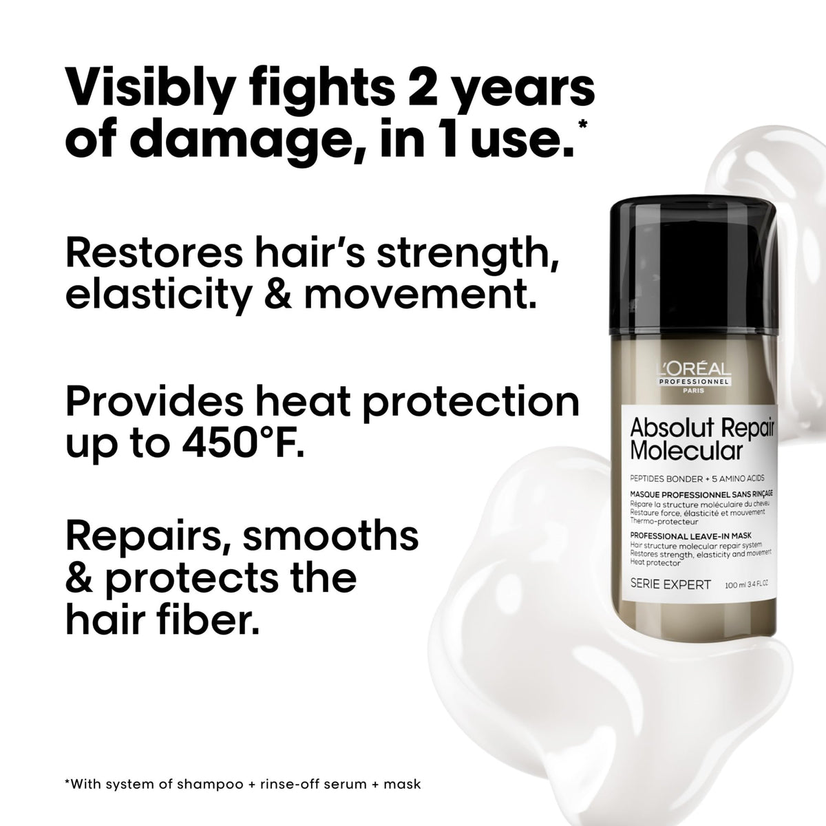 L'Oréal Professionnel Paris Absolut Repair Molecular Leave In Treatment - Smooths & Strengthens All Color Treated & Damaged Hair, Heat Protectant & Leave In Conditioner for Hair Repair