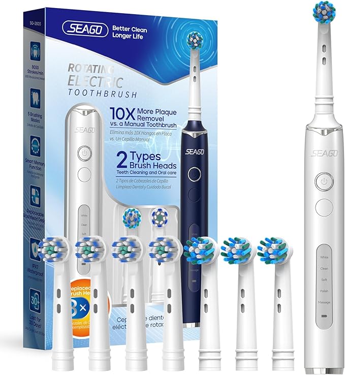 SEAGO Rotating Electric Toothbrush with 8 Round Brush Heads, with 5 Cleaning Modes, Sonic Technology Whitening Teeth in 14 Days, for Adult and Kids, SG-2603 (White)