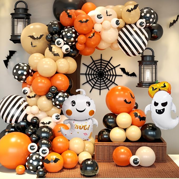Orange Halloween Balloon Arch Garland, Orange Sand White Party Balloons with Ghost 18-In Strip Foil Balloon Eyeball Balloons Apricot Black Dot Latex Balloon Bat Sticker for Halloween Party Supplies