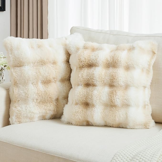 FUTEI Beige White Decorative Throw Pillow Covers 22x22 Inch Set of 2,Soft Fuzzy Faux Rabbit Fur Cushion Covers with Raised Texture,Neutral Boho Home Decor for Couch Bed Living Room