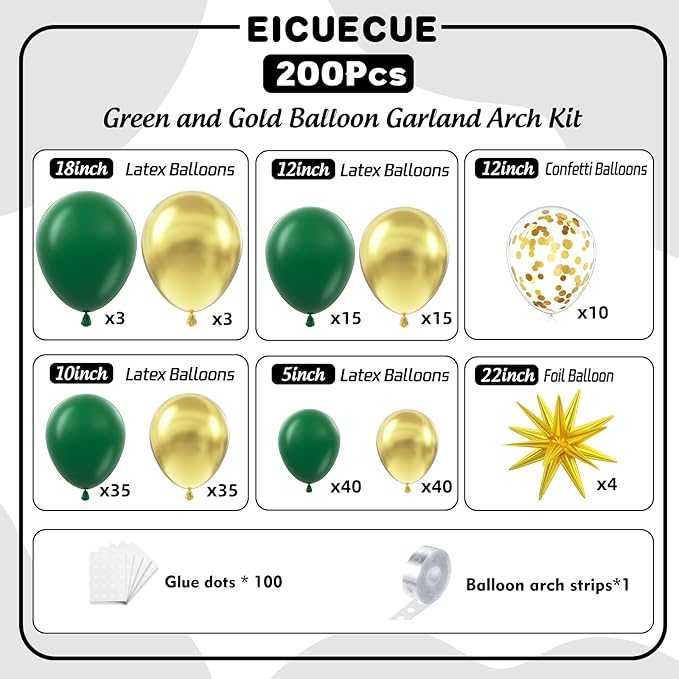 Green and Gold Balloons Garland Arch Kit with Stars 200Pcs -5 10 12 18 22 inch Balloon and Confetti Balloons for Birthday Anniversary Forest Hunter Dark Emerald Green Jungle Party Decorations