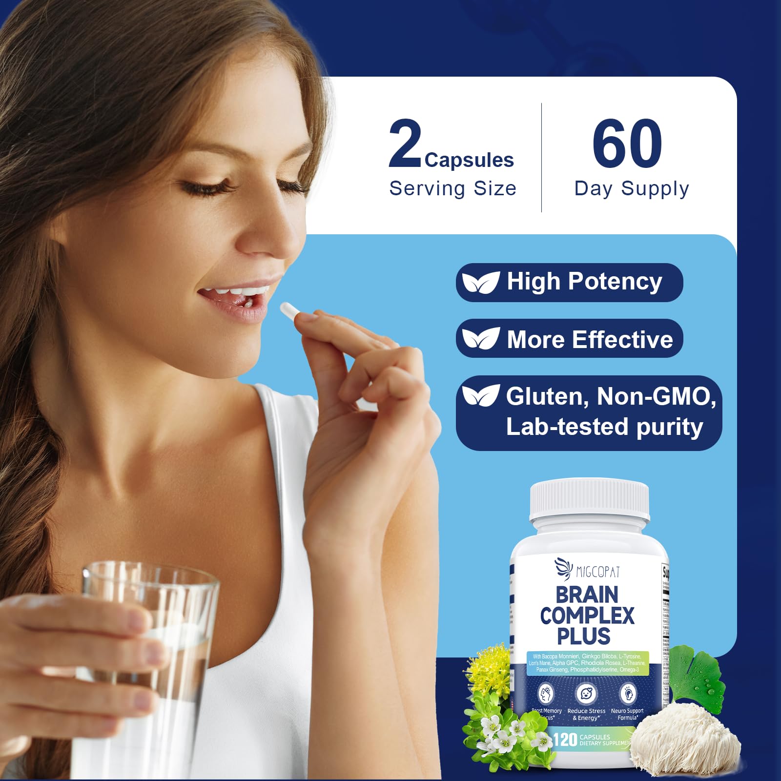 2-Pack Brain Supplements for Memory & Focus | Nootropic with Bacopa, Lion's Mane, Alpha GPC | Mental Clarity & Cognitive Support | Vitamin B6 & B12 – 240 Caps (120/Bottle)