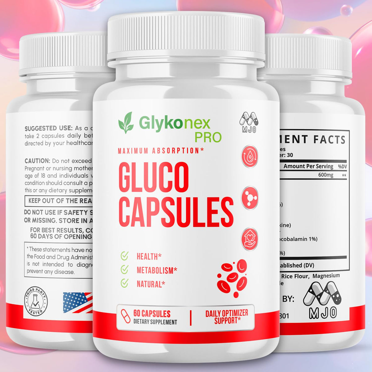 (3 Pack) Gluco Capsules, Official Glykonex Pro Gluco Pills with All Natural Ingredients, Maximum Strength Glykonix Supplement Vitamins Supporting Optimal Wellness and Health Naturally (180 Capsules)