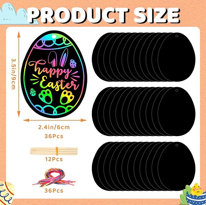JULMELON 36 PCS Easter Egg Scratch Art for Kids, Rainbow Magic Scratch Paper Easter Crafts for Kids Gifts School Classroom Activities Project Party Favors Basket Fillers