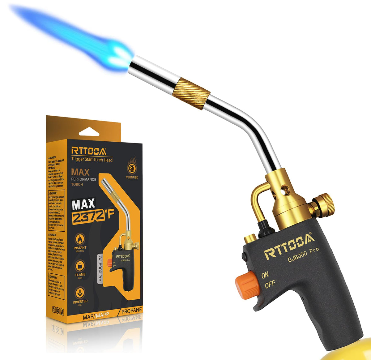 RTTOOA Propane Torch Head, GJ-8000pro High Intensity Torch Head, Trigger Start Gas Torch Kit for Propane, Pencil Flame Welding Torch Fuel by Mapp/Map/Propane, Soldering, Cooking（CSA Certified)