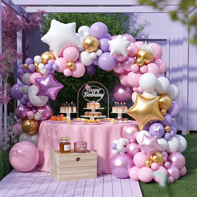 FunHot Pink Purple Balloon Arch Kit, Princess Balloon Garland, Pastel Pink Purple White Balloons Metallic Gold Star Foil Balloons for Girls Baby Shower Wedding Bridal Shower Birthday Party Decoration