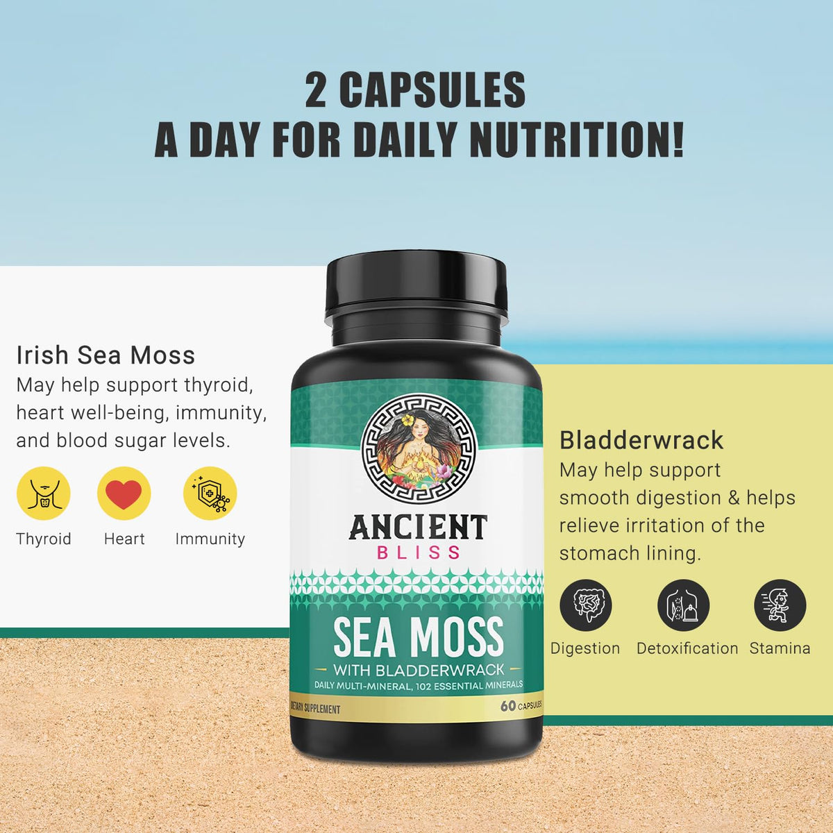 Ancient Bliss Organic Irish Sea Moss Pills - Dr Sebi Wildcrafted Seamoss Capsules | Thyroid, Healthy Skin & Gut Support | 120 Capsules