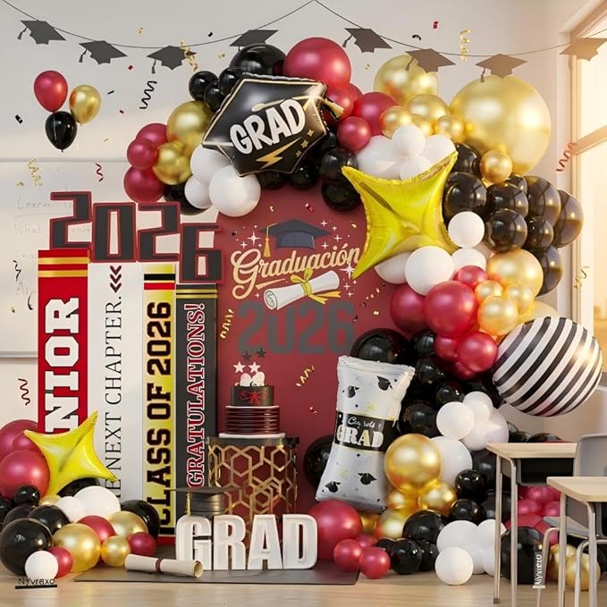 Graduation Balloon Garland Arch Kit 2026, 150Pcs Burgundy Black Gold White Balloons for Class of 2026 Celebration Graduation Party Decorations, Congrats Grad Backdrop Decor