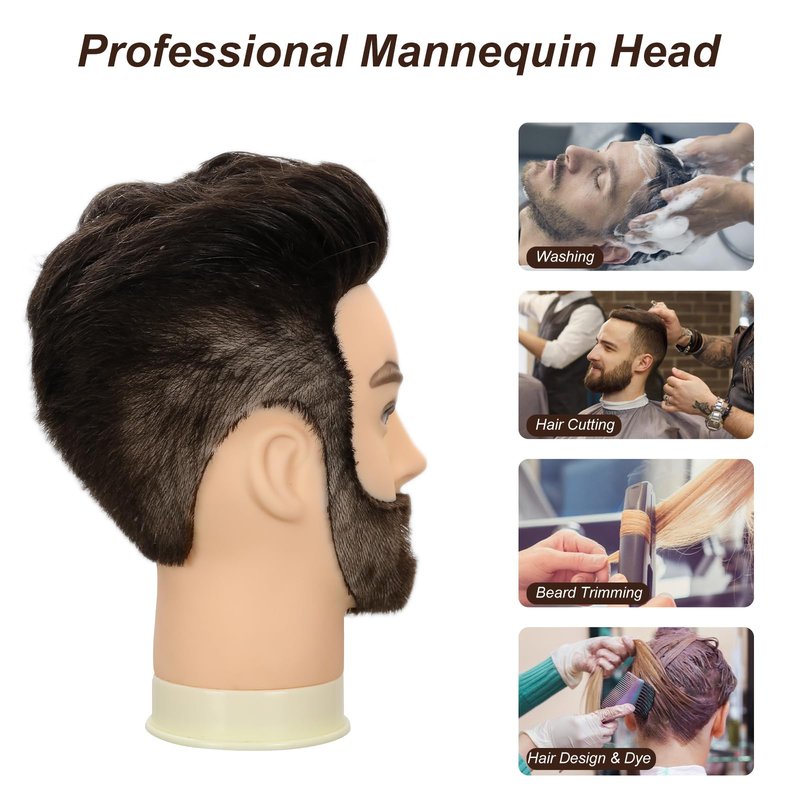Yekavo Male Mannequin Head, Barber Mannequin Head Male 100% Human Hair With Beard, Professional Training Head with Real Hair for Practicing Hair Cutting & Styling, Black