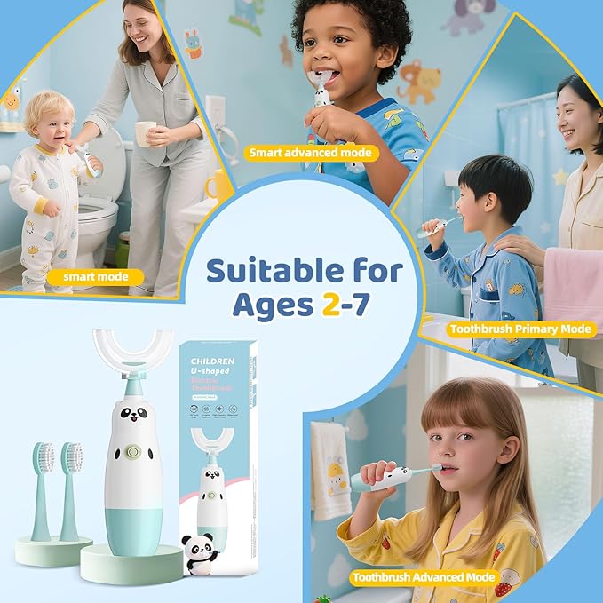 Kids U-Shaped Electric Toothbrush with 2 Brush Heads, Toddlers Sonic with 360 Degree Cleaning, Soft Bristles, Battery Included, IPX7 Waterproof, Cute cartoon for Girls and Boys, Ages 2-7 (Blue)