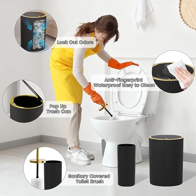 Black Gold Bathroom Accessories Set - Bathroom Sets, 25PC Bath Accessory Set, Bathroom Sets with Push Top Trash Can, Shower Curtain and Rugs, Toilet Brush, Trash Can & Soap Dispenser