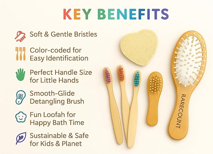 Kids Bath & Grooming Set – Wooden Baby Hair Brush + Soft Bamboo Kids Toothbrush + Heart Loofah | Natural Bath Kit for Toddlers & Kids