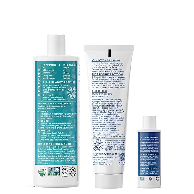 Essential Oxygen Pristine Protocol A 3-Step System (1. Rinse 2. Brush 3. Polish) for Your Best Smile Ever, 3 Count, Combo Pack