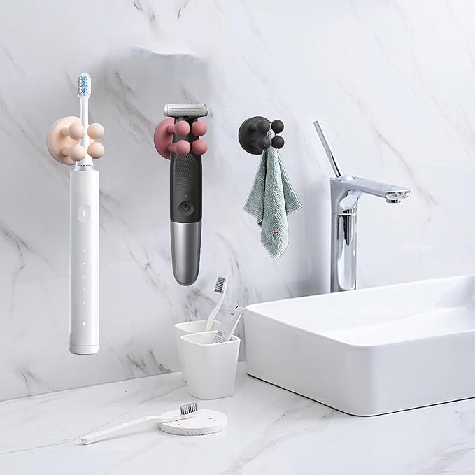4 pcs Silicone Waterproof self Adhesive Toothbrush Holder,Multi-Function Wall Mounted Single Hook Plug Holder for Toothbrush Razor and Small Items for Bathroom Kitchen Living Room Office Gray