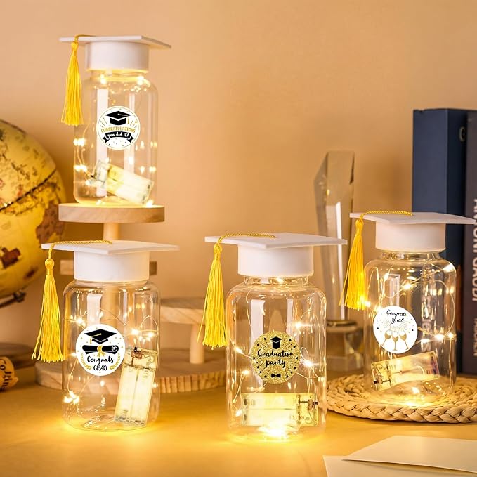 Boao 16 Sets Graduation Table Decoration Set with LED Light up Graduation Decorations for Class of 2026, Grad Jar, Felt Grad Hat and Stickers for High School College(White,Vivid)