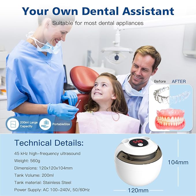 45kHz Ultrasonic Retainer Cleaner Machine, 200ML Denture Cleaner, 4 Modes with Digital Timer Mouth Guard Cleaner for Aligner, Night guard, Braces, Toothbrush, Jewelry and More (White)