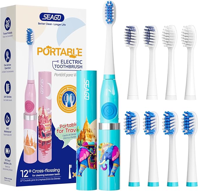 SEAGO SG-505 Travel Electric Toothbrush, Portable Toothbrush, 24,000 VPM, IPX7 Waterproof, 8 Brush Heads (Soft & Tilted Bristles), Battery-Powered for Adults, On-The-Go (Thai Design, Made in Thailand)