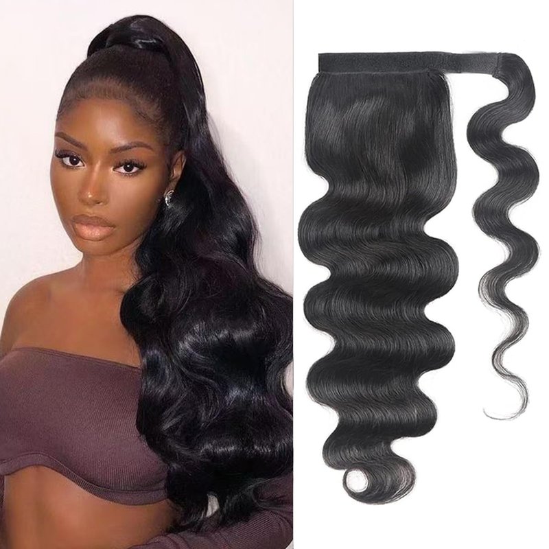 Body Wave Ponytail with Magic Paste Warp Around for Black Women Natural Color 16 Inch