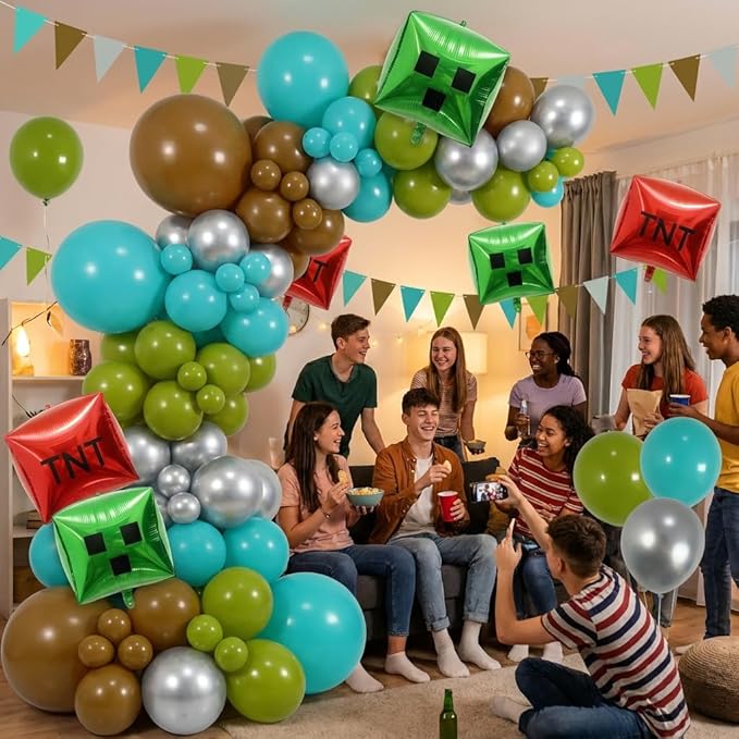 127Pcs Video Game Balloon Arch Garland Kit with Green Teal Blue Brown Metallic Silver Balloons, for Gaming Theme Party Decor, Birthday Party Supplies, Kids' Party Crafts and Decorations