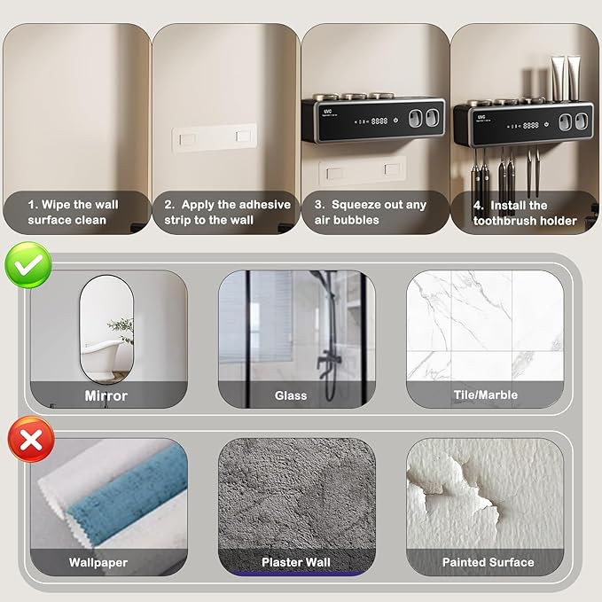 Toothbrush Holders for Bathrooms,Electric Toothbrush Holder Wall Mounted - 6 Brush/3 Cup,Automatic Toothpaste Dispenser & Hot Dry,Smart Cleaning,Bathroom Storage Upgrade (Black)