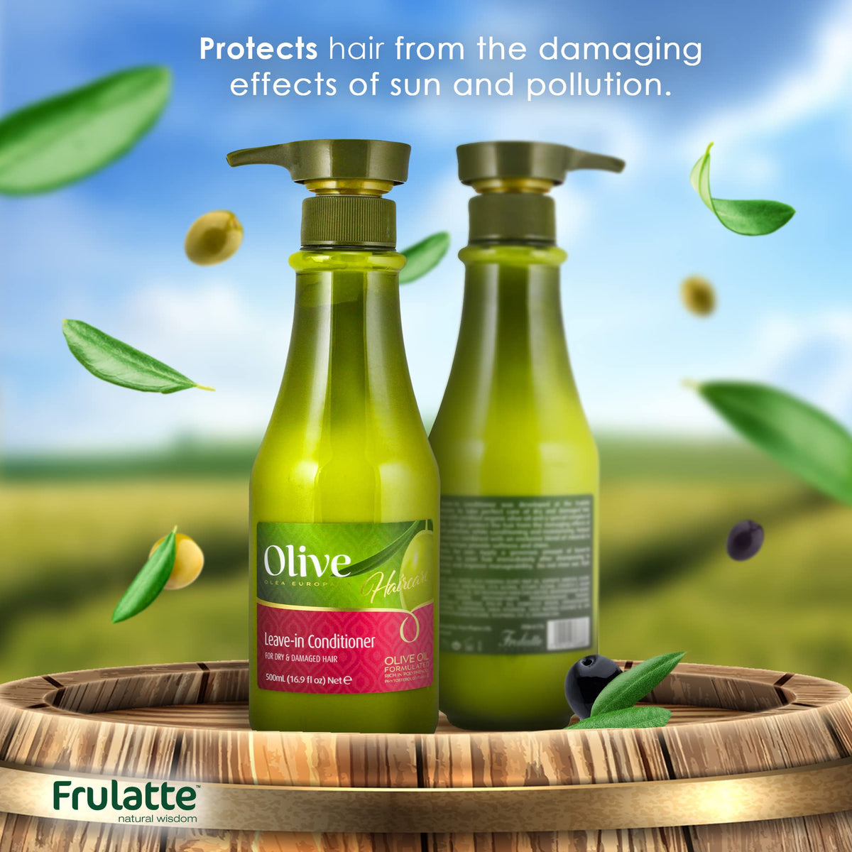 Frulatte Natural Olive Oil Leave In Conditioner & Detangler, Enriched with Shea Moisture & Argan Oil - Anti-Frizz Deep Hair Conditioner For Dry Damaged Hair - Formulated with Keratin, Vitamins B5 & E