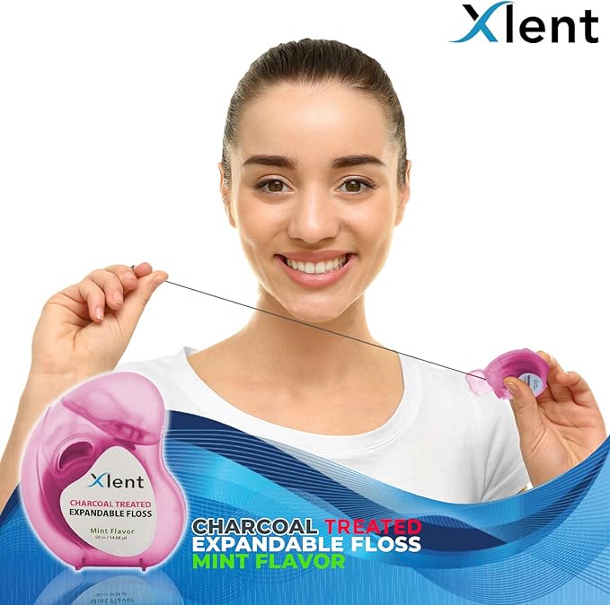 Expandable Floss Treated with Activated Charcoal with Xylitol and Natural Plant Based Wax |Fresh Mint Flavor | PFAS & PTFE Free |50 Meter x 2