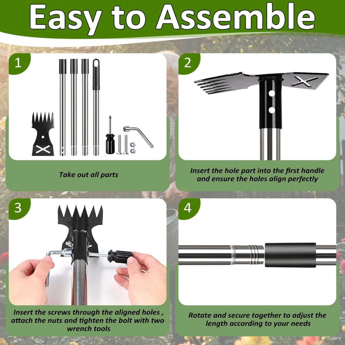 Weed Puller Tool with Long Handle-Vertical Adjustable Weeder, 2-in-1 Garden Hoe and Weeding Rake Combination, Weeding Tool for Garden, Lawn, Farm and Courtyard