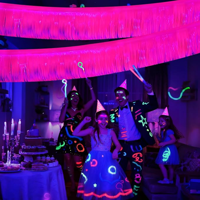 Mega-L Glow in The Dark Party Supplies, 4 Pack Foil Fringe Garland Birthday Party Decorations 9.8 ft Fluorescent Macaron Fuchsia Metallic Tinsel Streamers Banner, Glitter Photo Booth Prop Table Skirt