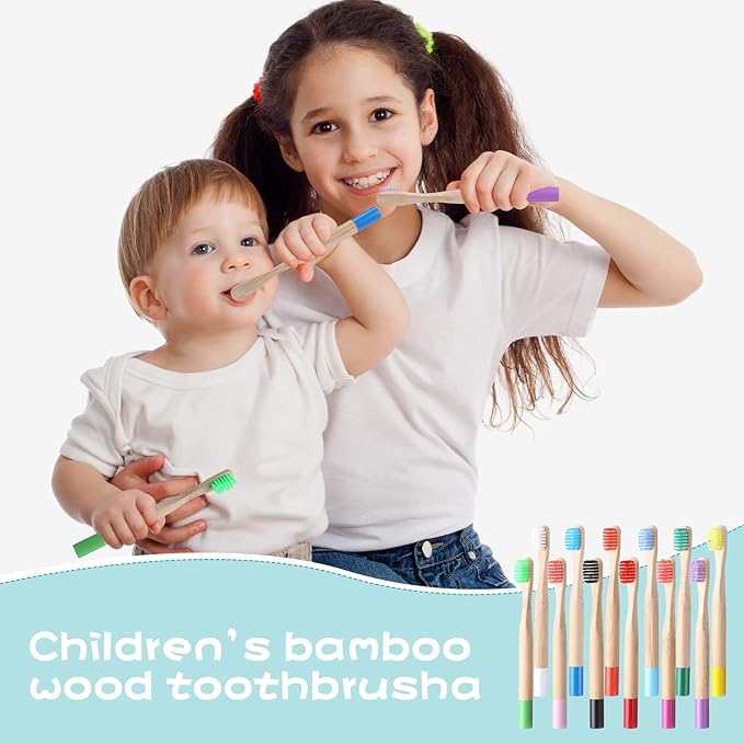 24 Pcs Kids Bamboo Toothbrushes Soft Bristle Toddler Toothbrush BPA Free Wooden Travel Toothbrushes for Kids Children Home Travel School, 5.7 Inches, Individually Wrapped