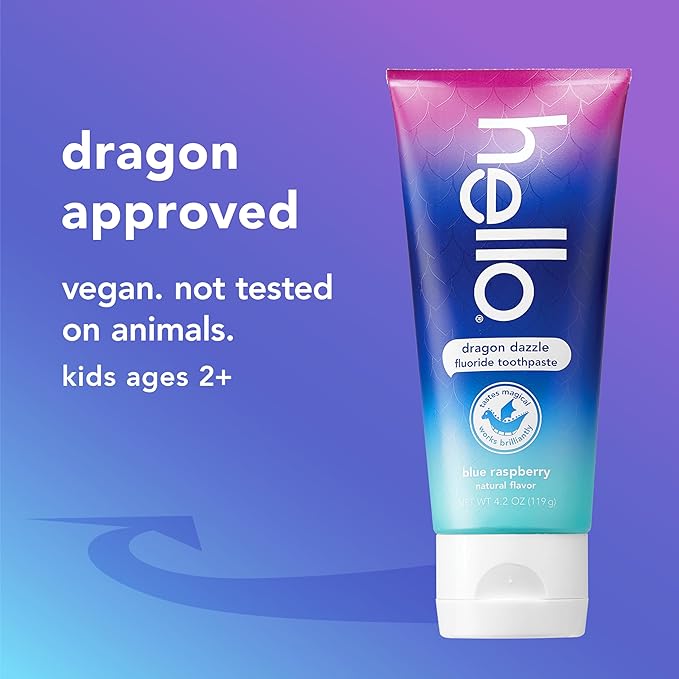 hello Dragon Dazzle Blue Raspberry Kids Toothpaste, Fluoride Toothpaste, Ages 2+, No Artificial Sweeteners, No SLS, Gluten Free, Vegan, Pack of 3, 4.2 OZ Tubes