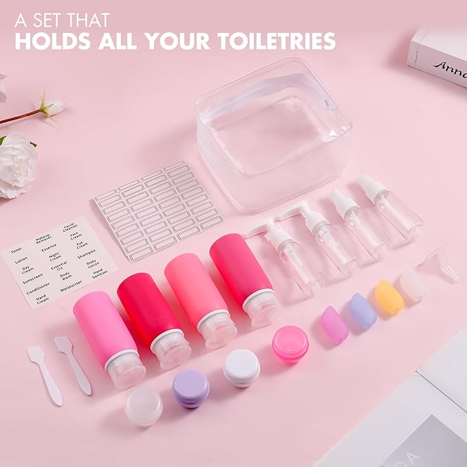 Muslish 21 Pack Travel Bottles for Toiletries, Leak-Proof TSA Compliant Silicone Travel Size Containers for Shampoo and Conditioner, BPA Free with Toiletry Bag (Pink)