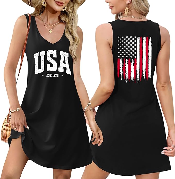 LHBNK 4th of July Dress for Women: American Flag Tank Dresses Star Striped Splicing Loose V Neck Sundresses