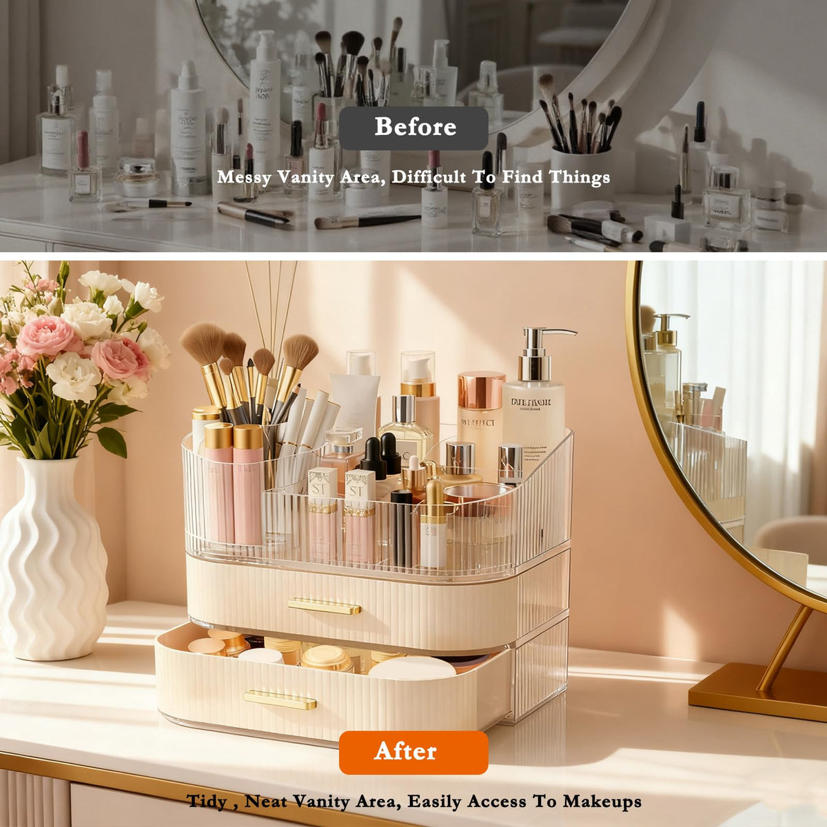 Makeup Organizer for Vanity with Stackable Drawers, 360 Rotating Makeup Brush Holder Large Cosmetic Display Case for Dresser, Bathroom Countertop Skincare Storage, Ideal Gift for Girls (3-layer)