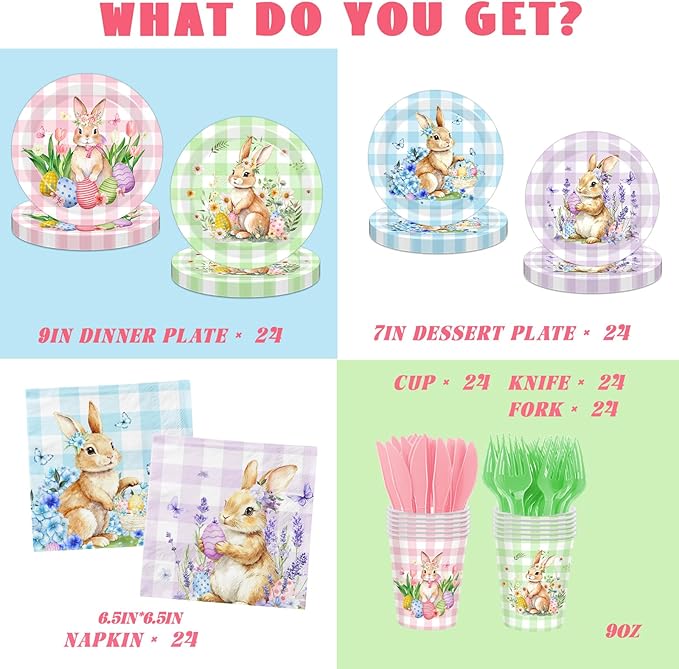 144Pcs Bunny Plates and Napkins - Colorful Gingham Spring Floral Rabbits Themed Dinnerware Set for Happy Easter Party Decorations