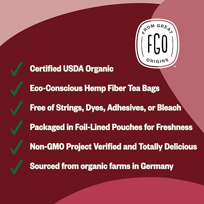 FGO Organic Red Raspberry Leaf Tea Bags, 100 Eco-Conscious Tea Bags, Caffeine Free, Imported from Germany, Reseable Bag, Packaging May Vary (Pack of 1)