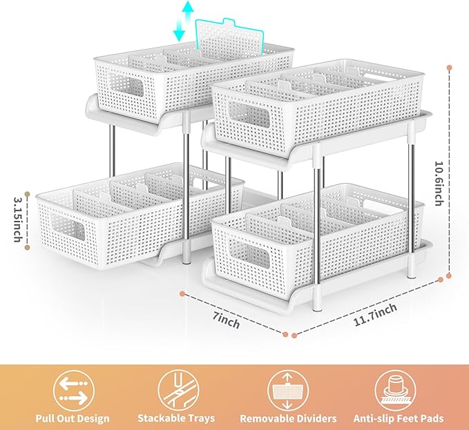 RIKOJUXI Bathroom Organizer with Dividers, 2Pcs 2 Tier Stackable Under Sink Organizers and Storage Cabinet Organizers for Bathroom Kitchen Pantry Organization and Storage, Medicine Cabinet Organizer