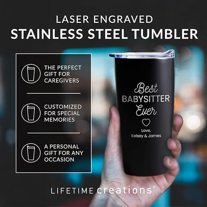 Lifetime Creations Engraved Personalized Best Nanny Ever Stainless Steel Tumbler with Lid 20 oz (White) - Baby Sitter, Daycare Teacher, Caretaker Coffee Travel Mug Gift